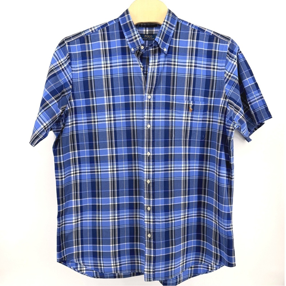 Polo Ralph Lauren Button Down Mens 2XLT Pre-Owned Shirt Blue Plaid SS Flesh Pony - Picture 3 of 11
